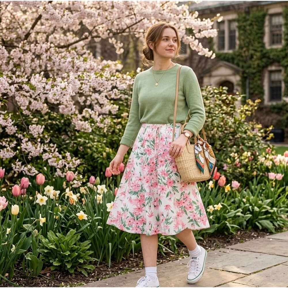 Vintage 80s Floral Coquette Pink Daisy skirt, Cottagecore, Palm Beach Prep sz S - Picture 7 of 13